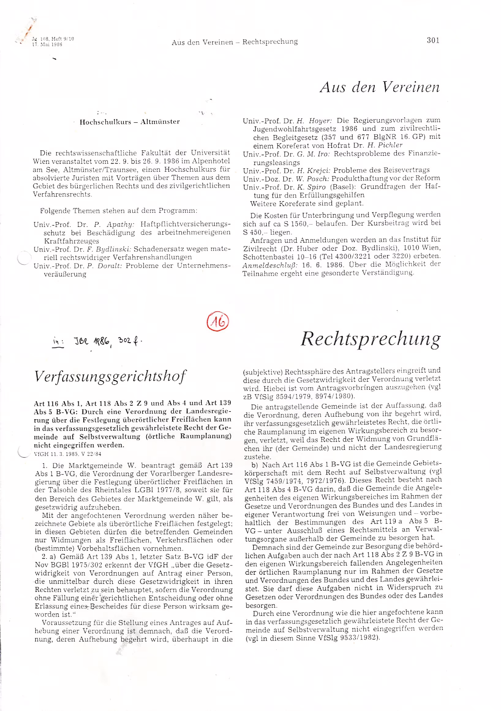 Ausschnitt aus Anmerkung zu VfGH v. 11.3.1985, V 22/84 (JBl 1986, 301 ff)