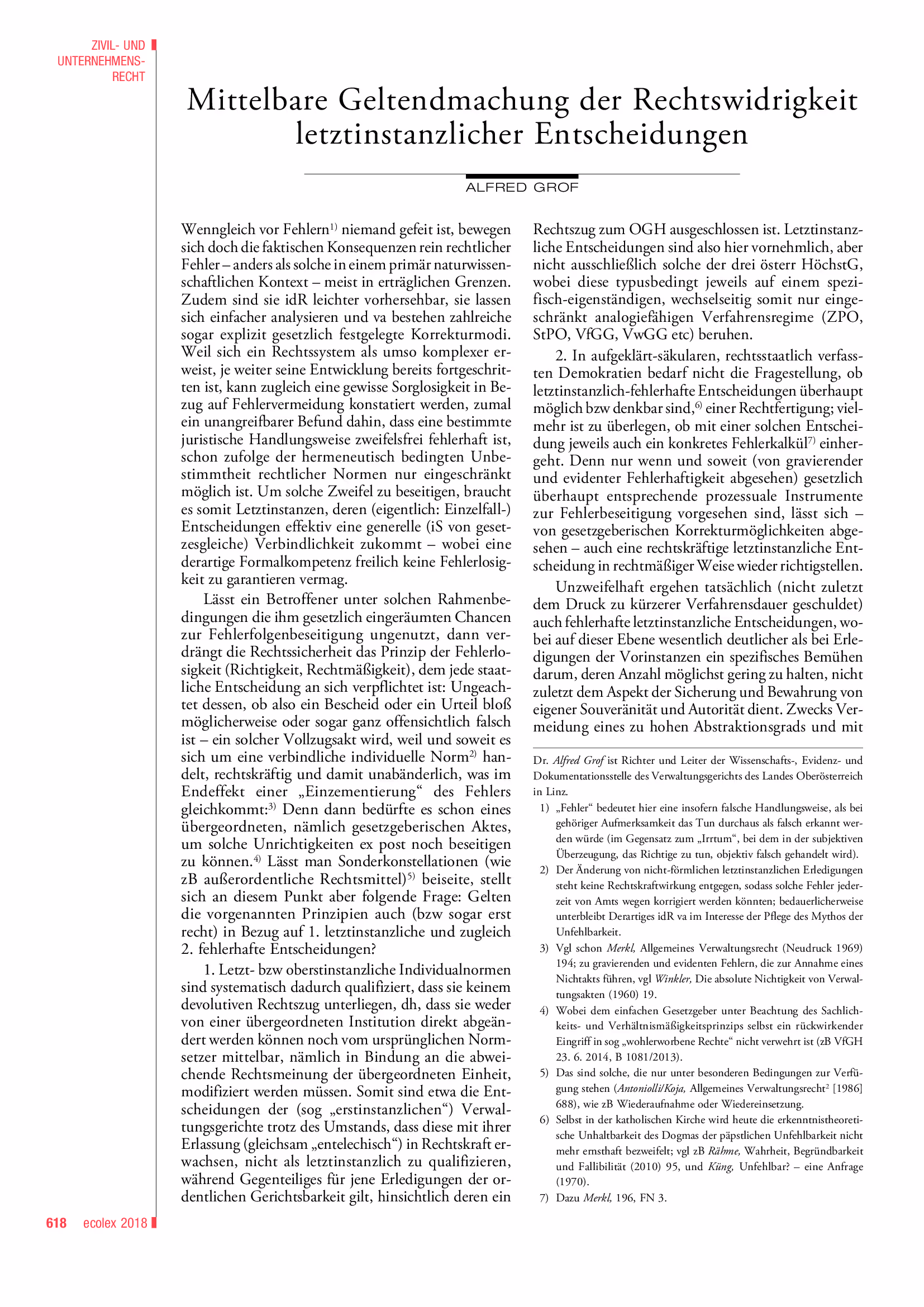 Ausschnitt aus Mittelbare Geltendmachung der Rechtswidrigkeit letztinstanzlicher Entscheidungen (ecolex 2018, 618 - 620)