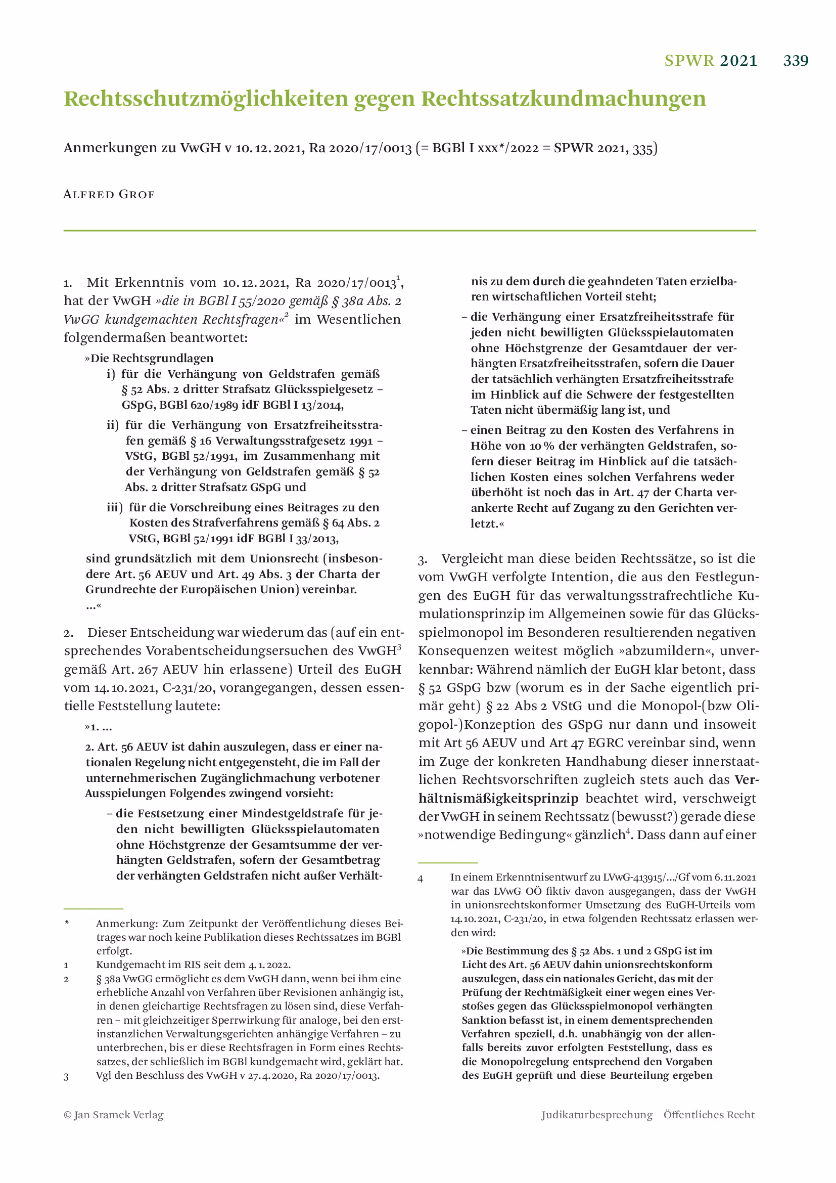 Ausschnitt aus Rechtsschutzmöglichkeiten gegen Rechtssatzkundmachungen (Spektrum des Wirtschaftsrechts 2021, S. 339 - 341)