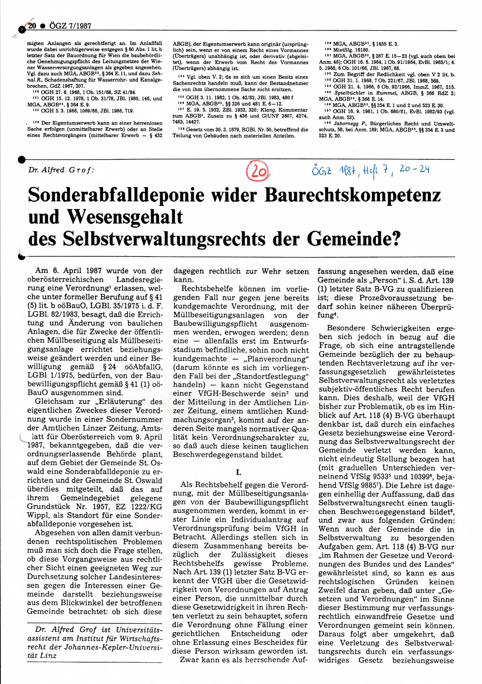 Ausschnitt aus Sonderabfalldeponie wider Baurechtskompetenz und Wesensgehalt des Selbstverwaltungsrechts der Gemeinde? (ÖGZ 1987, Heft 7, 20 ff)