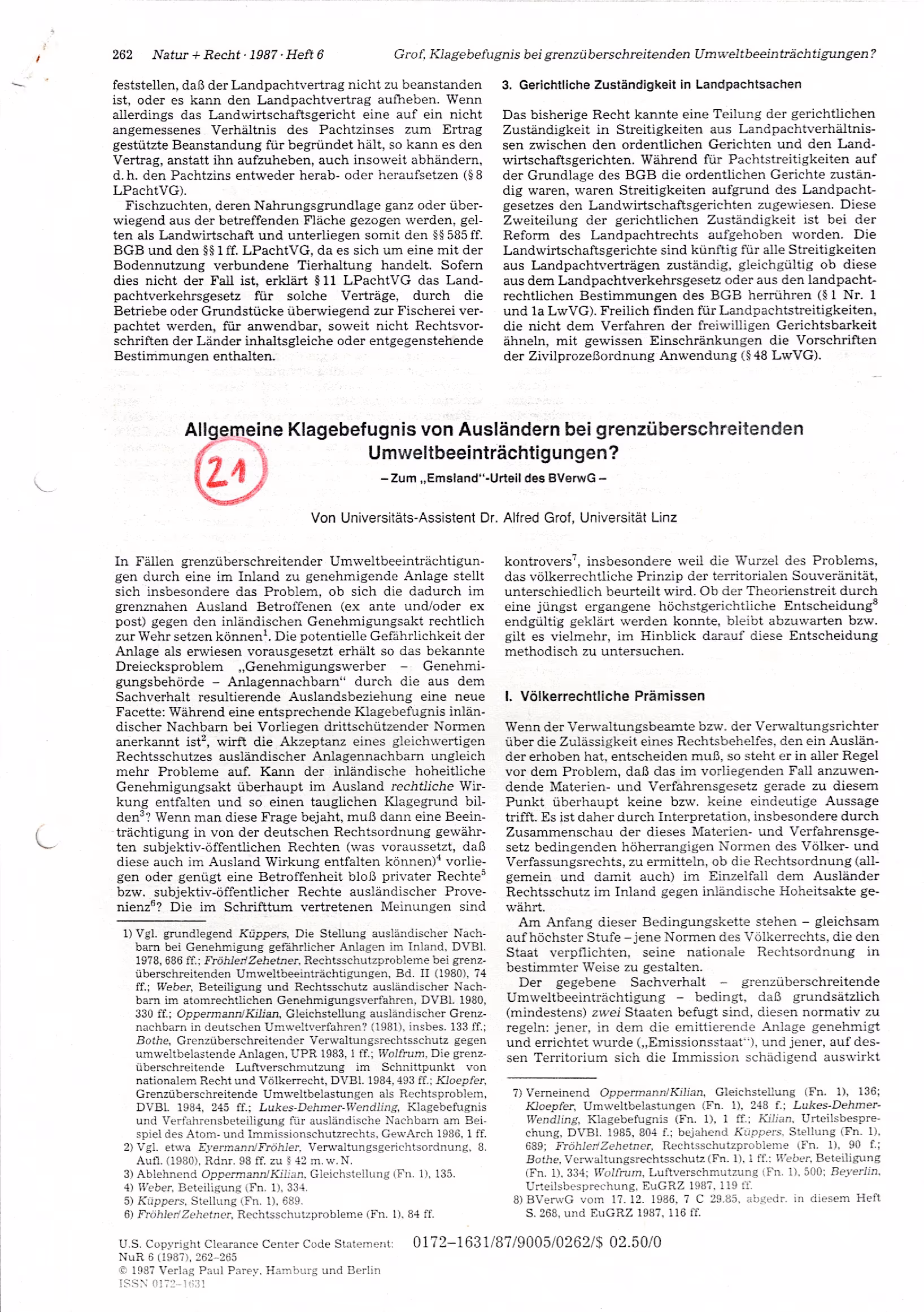 Ausschnitt aus Allgemeine Klagebefugnis von Ausländern bei grenzüberschreitenden Umweltbeeinträchtigungen? - zum 'Emsland'-Urteil des BVerwG (Natur und Recht 1987, 262 ff)