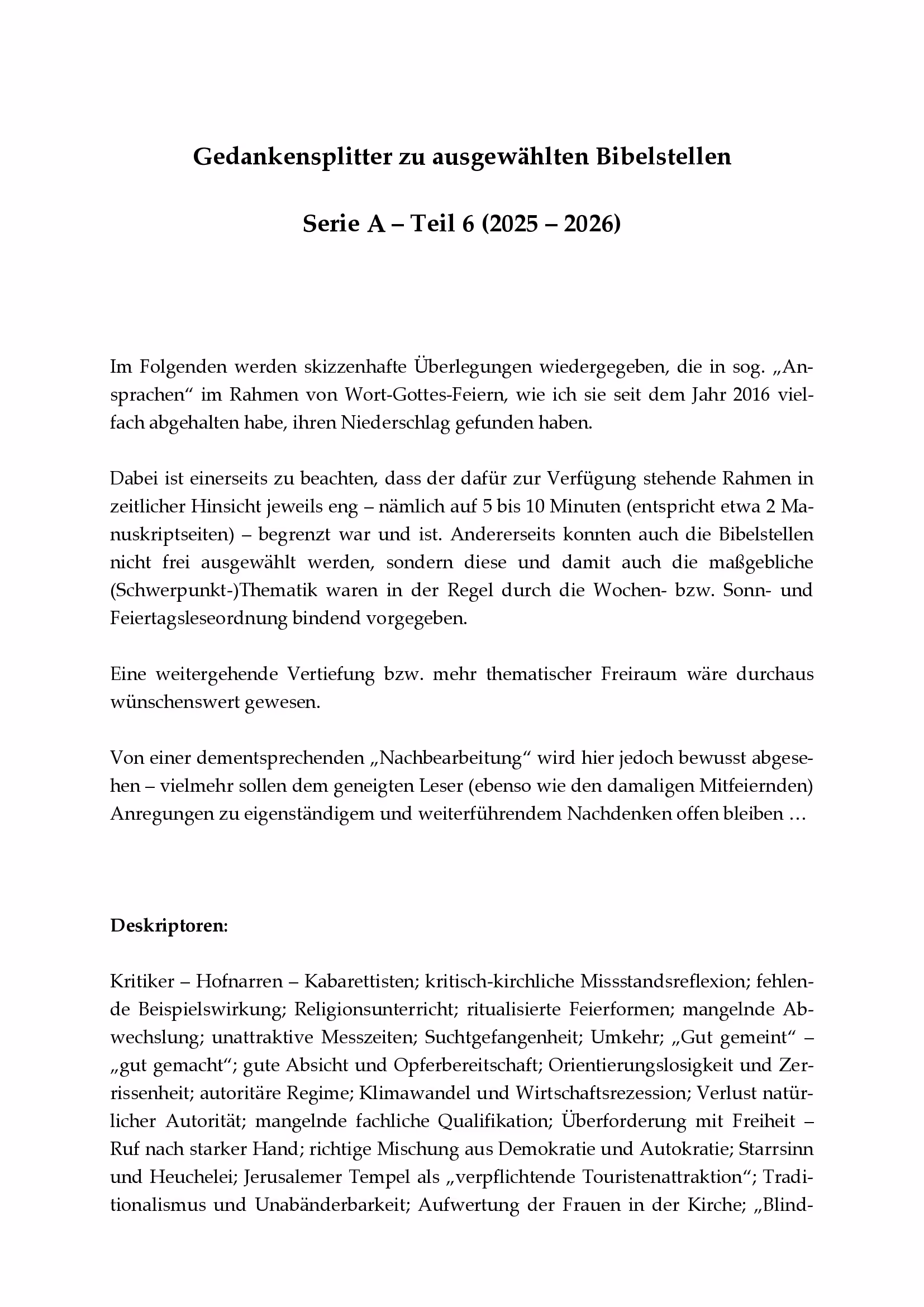 Ausschnitt aus Gedankensplitter zu ausgewählten Bibelstellen - Teil 6