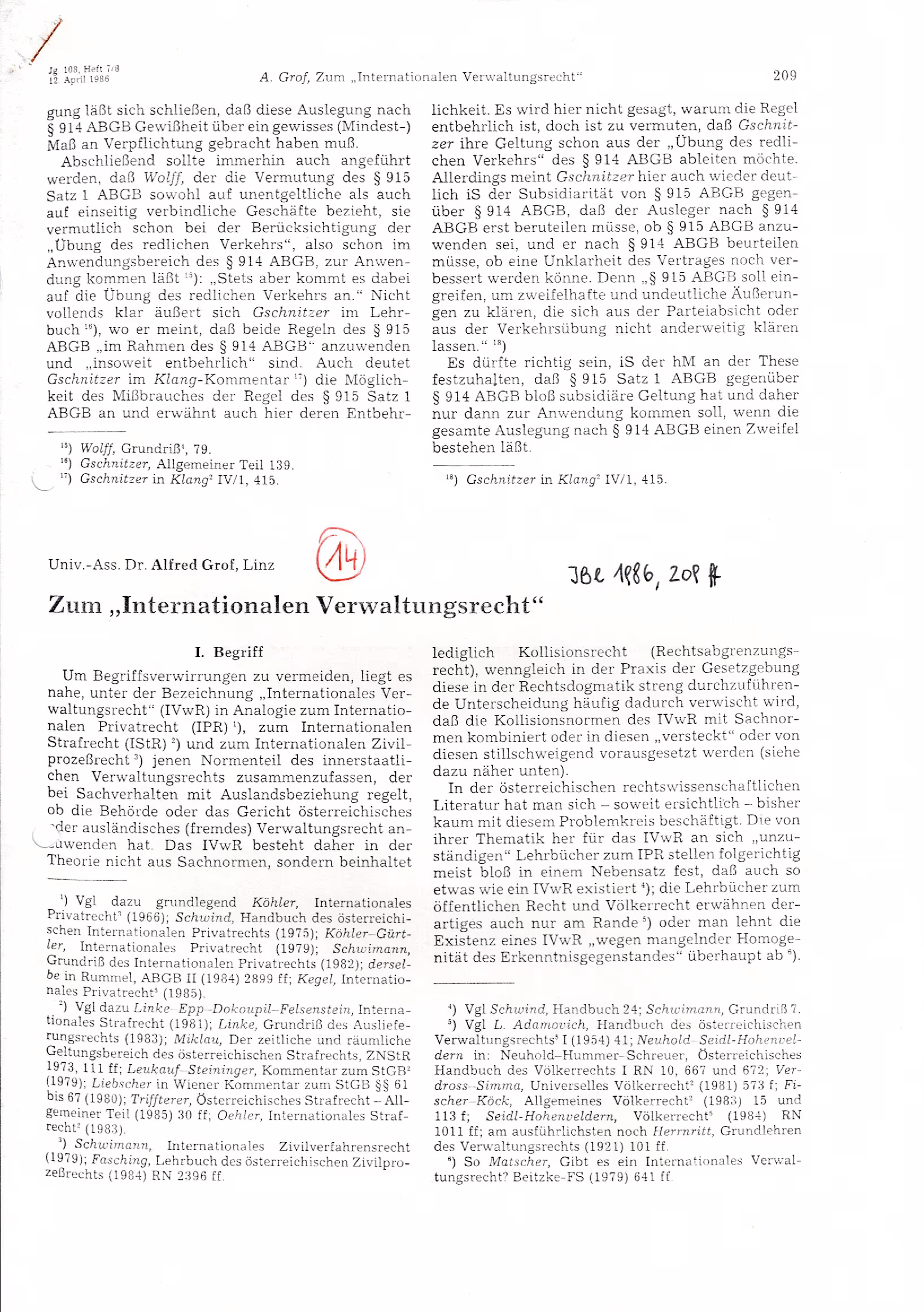 Ausschnitt aus Zum 'Internationalen Verwaltungsrecht' (JBl 1986, 209 ff)