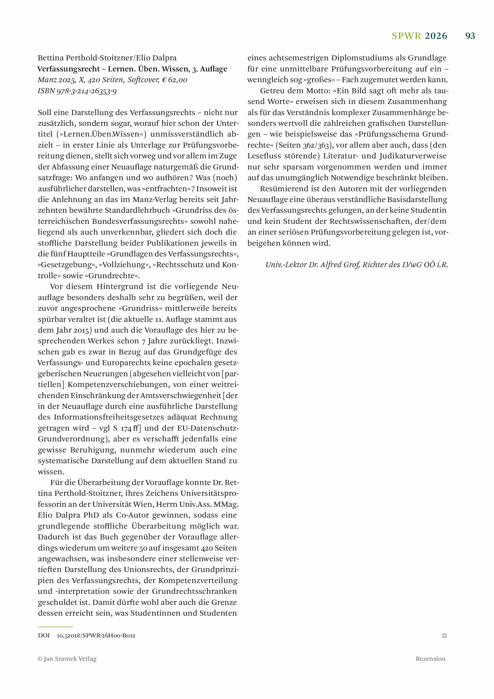 Ausschnitt aus Rezension: Perthold-Stoitzner/Dalpra, Verfassungsrecht – Lernen.Üben.Wissen, 3. Auflage (SPWR 2026, 93)