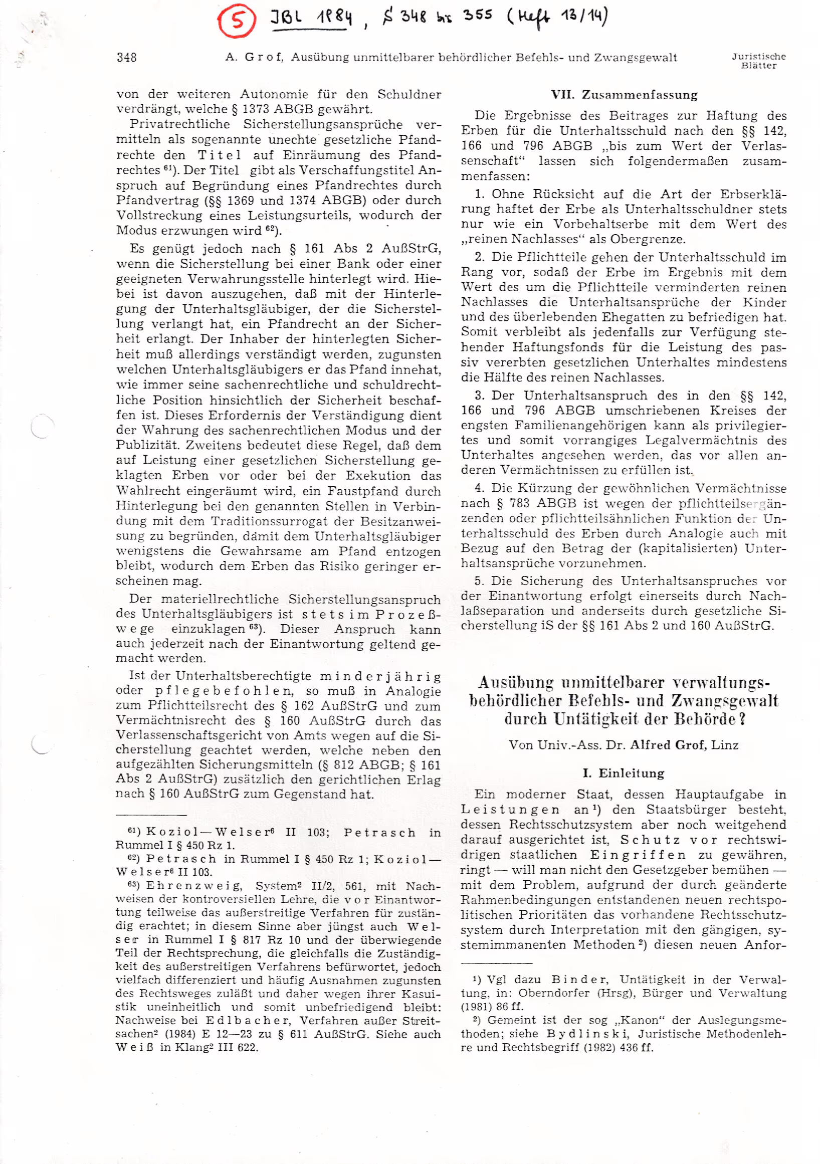 Ausschnitt aus Ausübung unmittelbarer verwaltungsbehördlicher Befehls- und Zwangsgewalt durch Untätigkeit der Behörde? (JBl 1984, 348 ff)